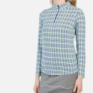 NWT IBKUL Long Sleeve Top Geo Key Navy Green Golf Tennis Pickleball COOLING XXL